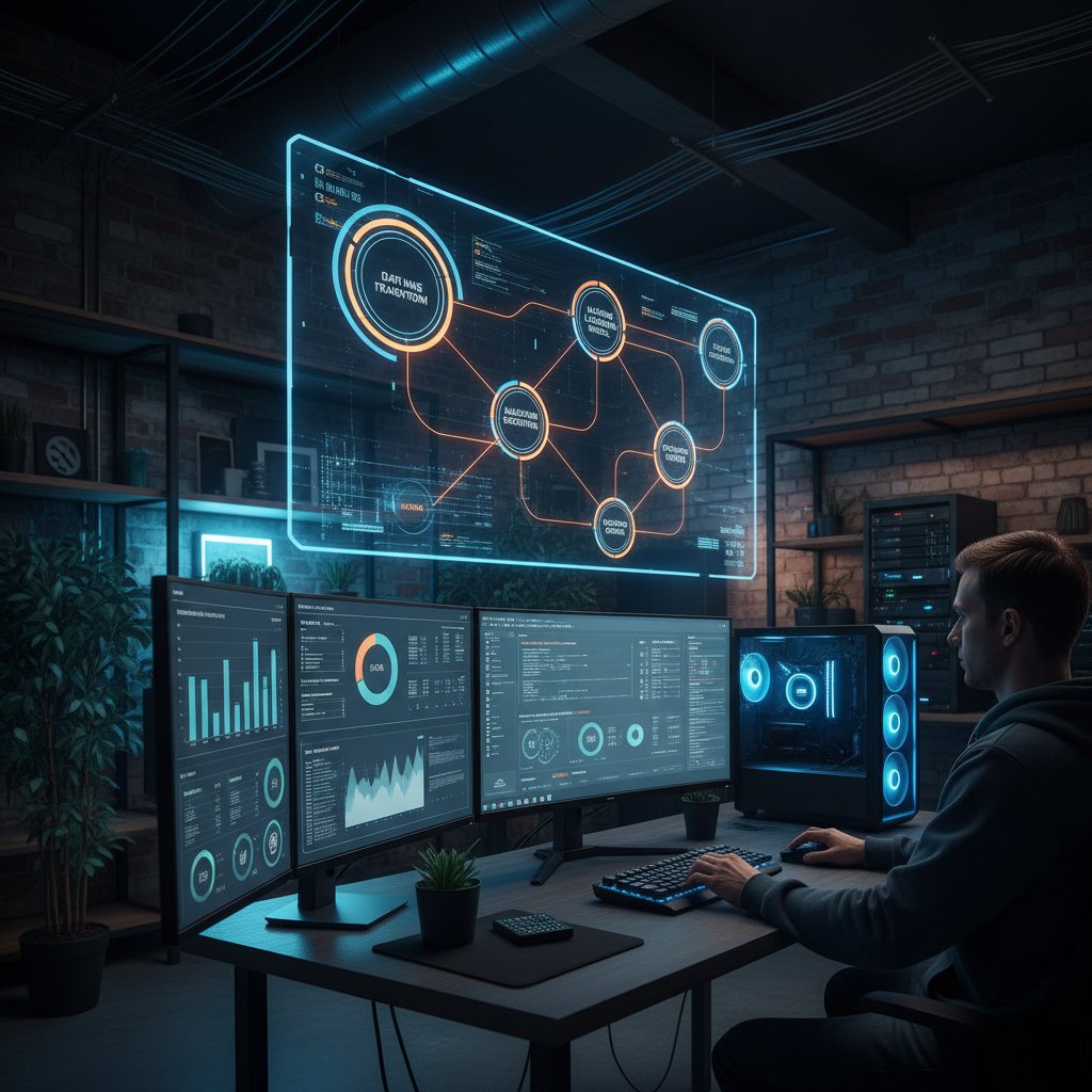 Visual workflow map transforming into automated dashboard, engineer at computer