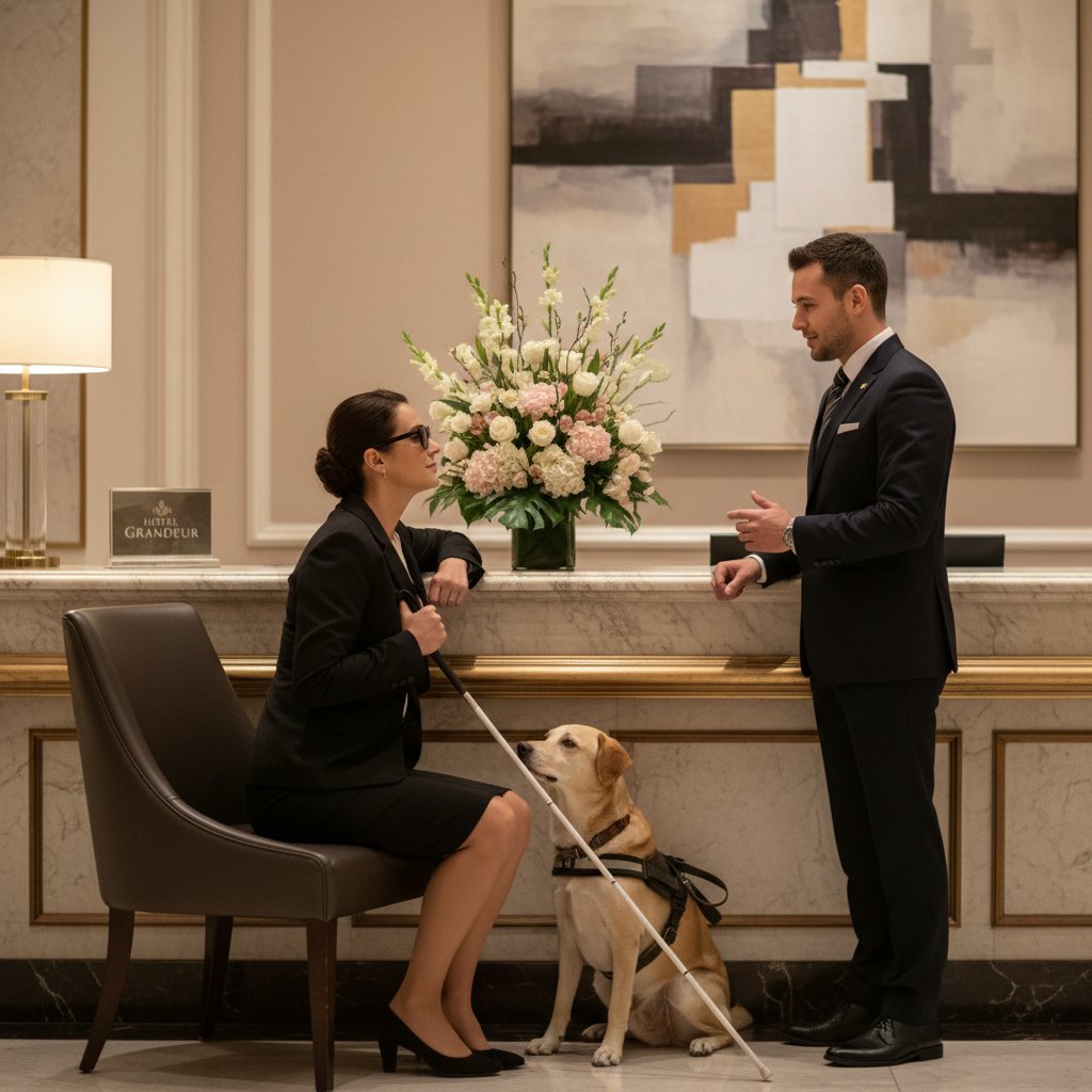 Gość niewidomy rozmawia z menedżerem hotelu o problemach z dostępnością