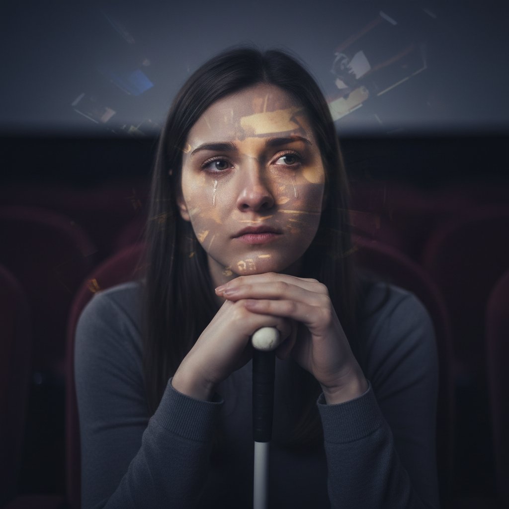 Emotional cost: person with visual impairment sitting alone, movie playing blurred in background, face thoughtful