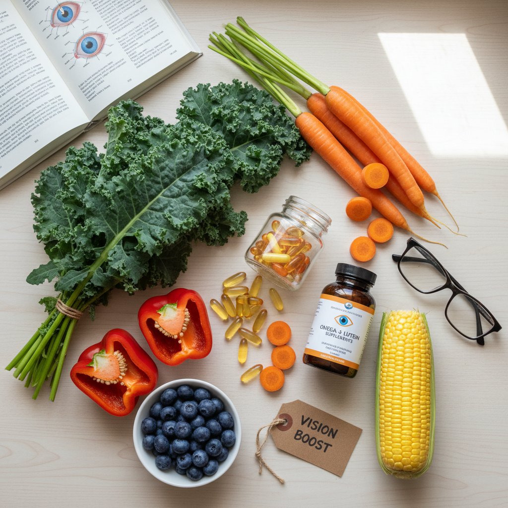 Zdjęcie kolorowych kapsułek i warzyw bogatych w luteinę – dieta dla zdrowia oczu