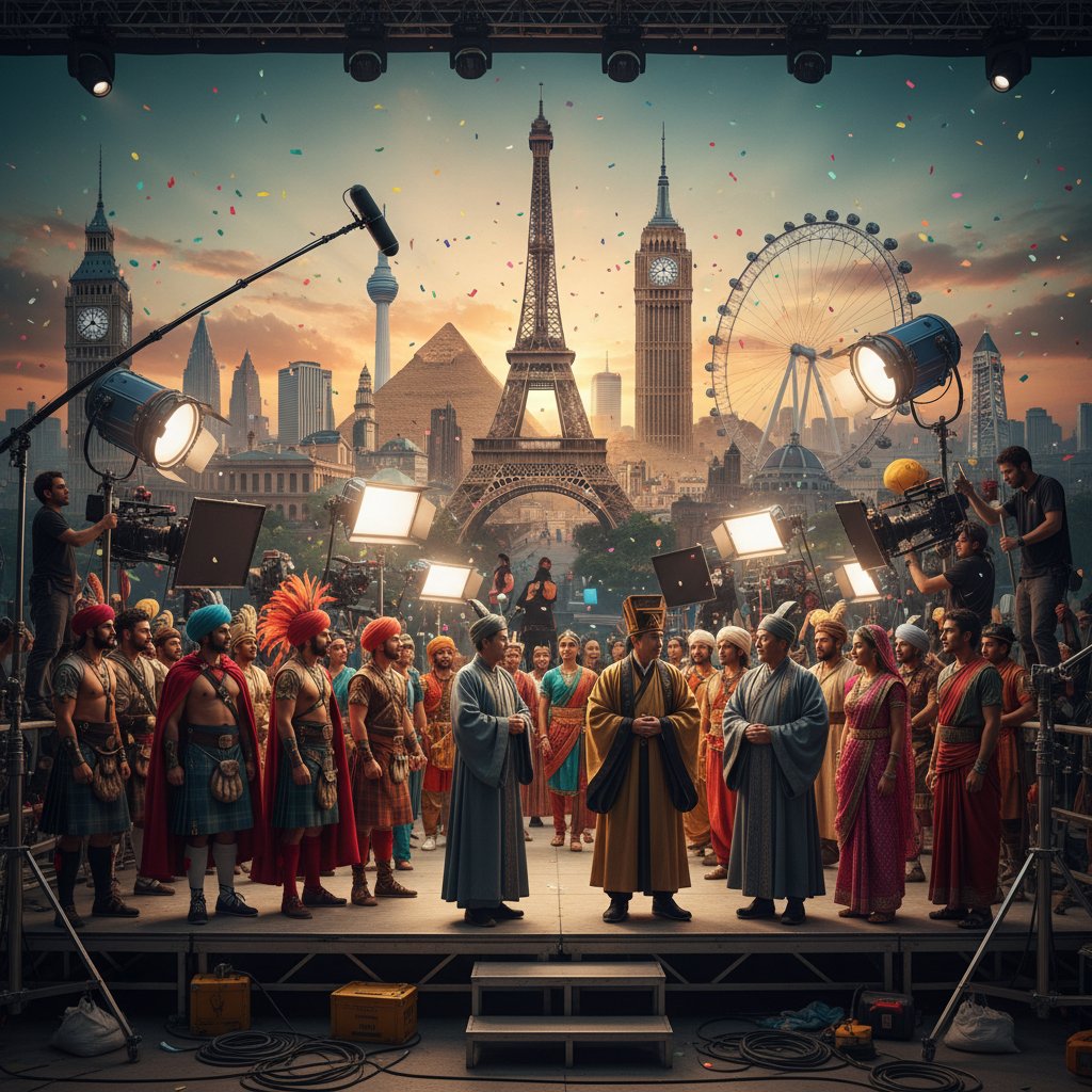 International film cast of mixed ages on set, representing global age diversity in movies