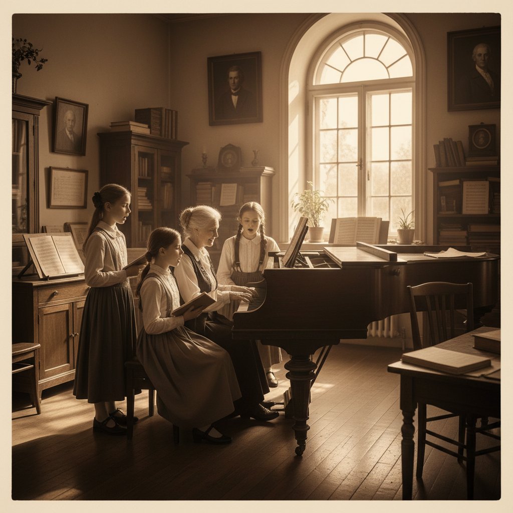 Nauczyciel śpiewu przy pianinie podczas lekcji w sali muzycznej, uczniowie siedzący w półokręgu, atmosfera starej szkoły