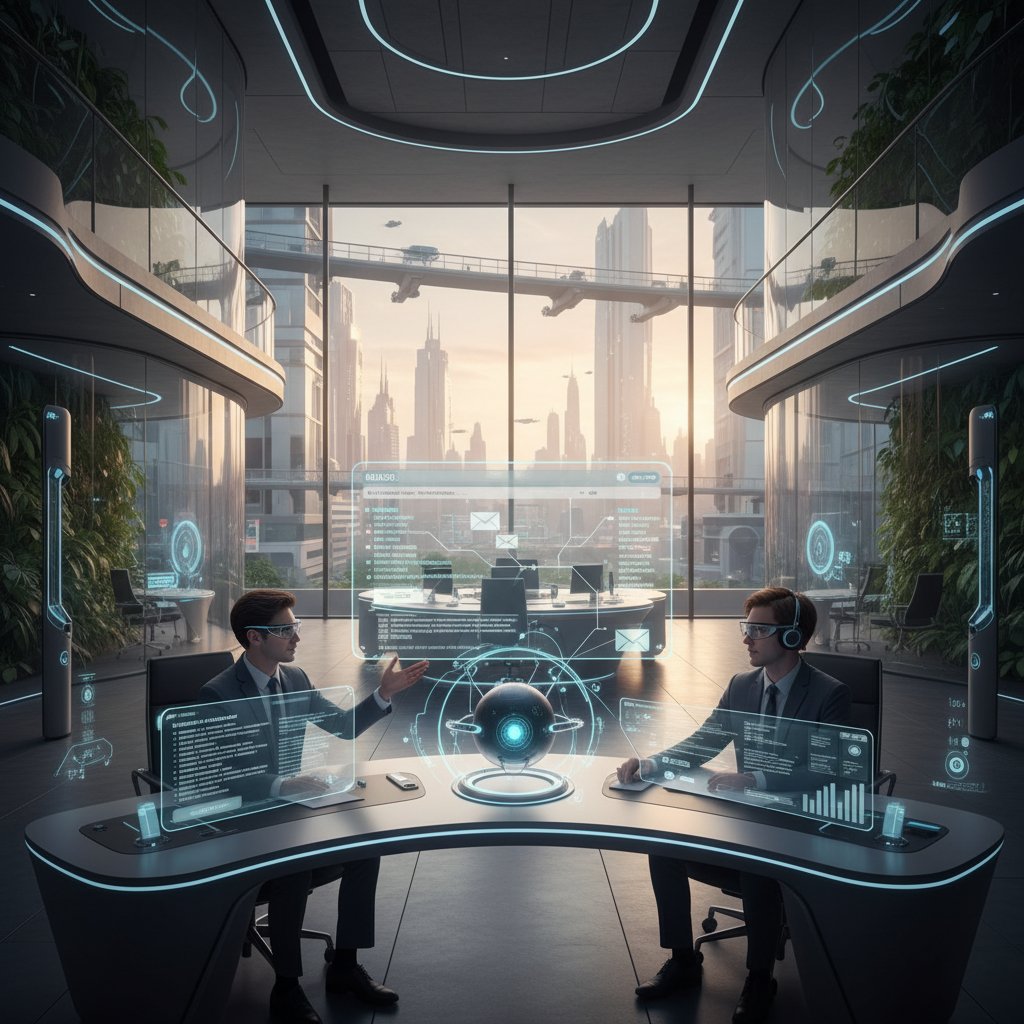 Business leader using voice command for AI-driven email assistant in sleek workspace, representing the future of email collaboration software enterprise