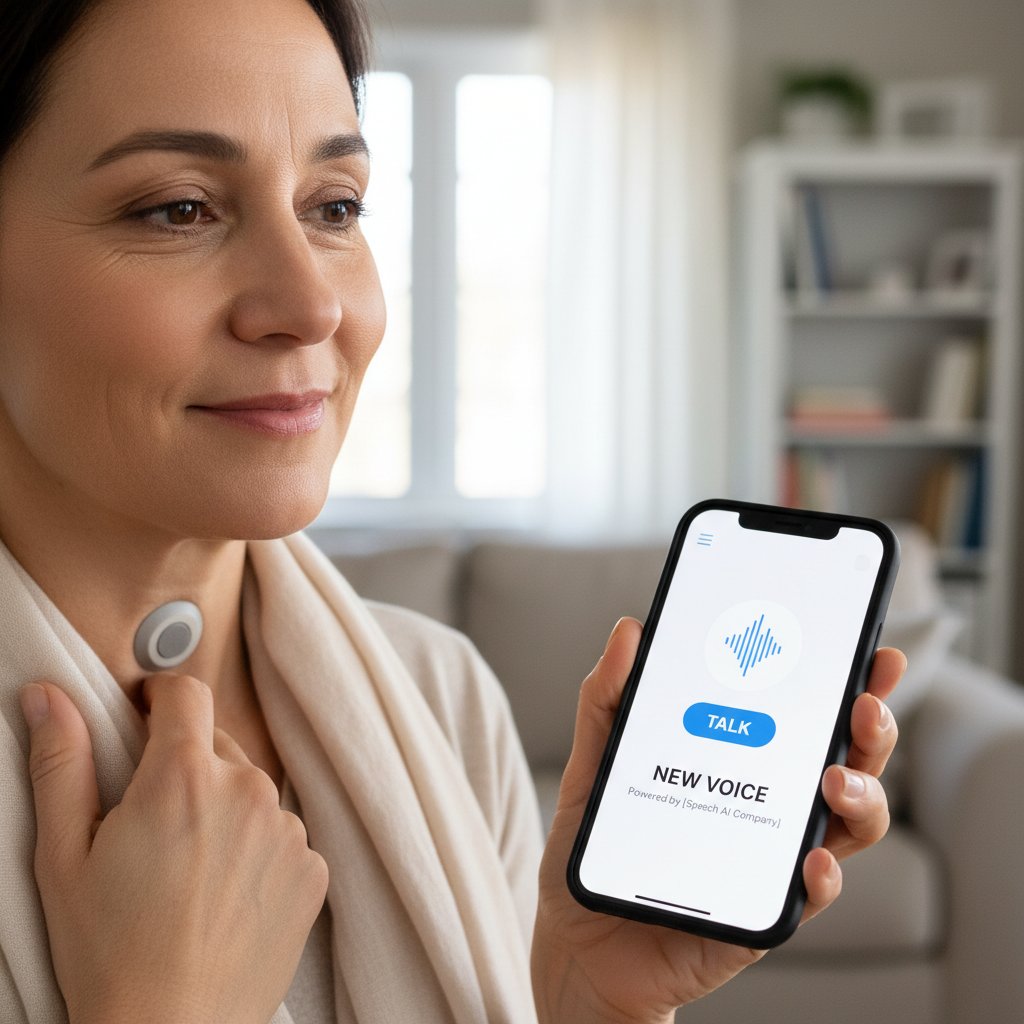 Nowoczesna proteza głosowa i smartfon z aplikacją wspierającą mowę po raku krtani, innowacja w codzienności