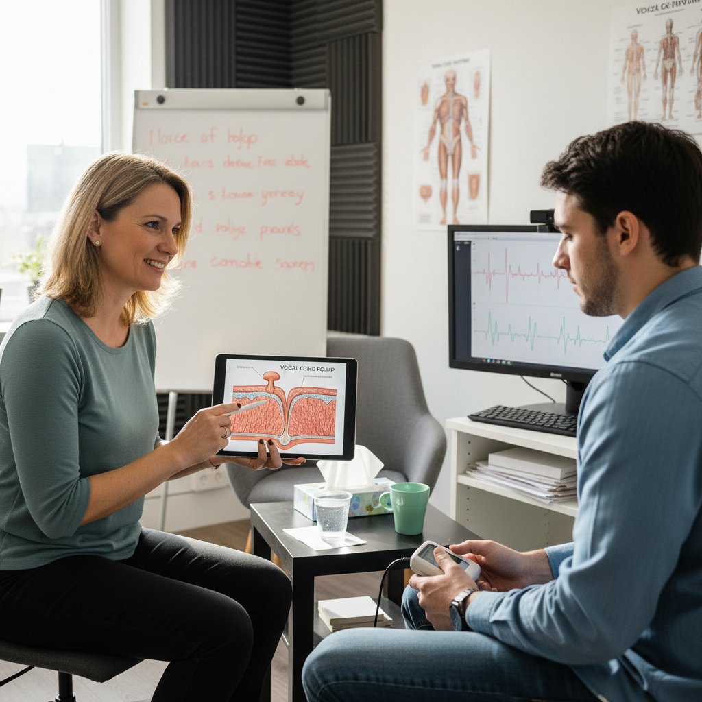 Foniatra prowadzący rehabilitację głosu z pacjentką po rozpoznaniu polipów strun głosowych