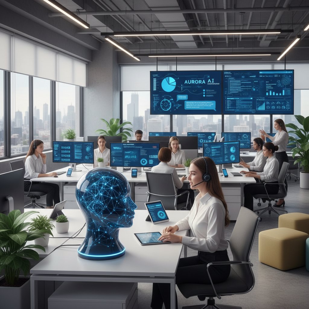 Profesjonalna scena z voicebotem, monitorem i agentem – AI w obsłudze klienta