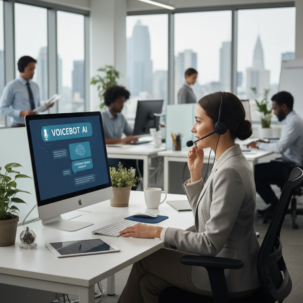 Voicebot AI obsługujący klienta przez telefon, kobieta rozmawia w nowoczesnym biurze