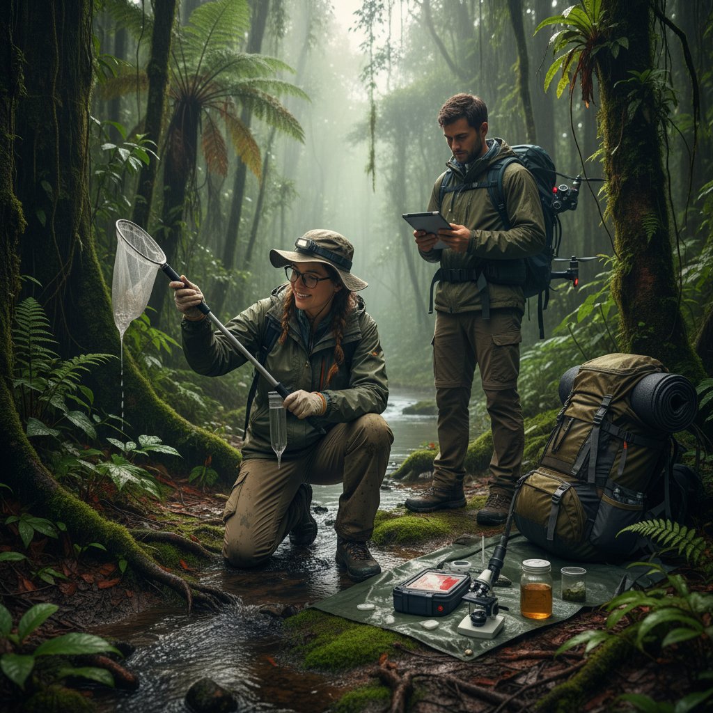 Volunteer collecting samples in a rainforest, blending adventure travel with environmental impact