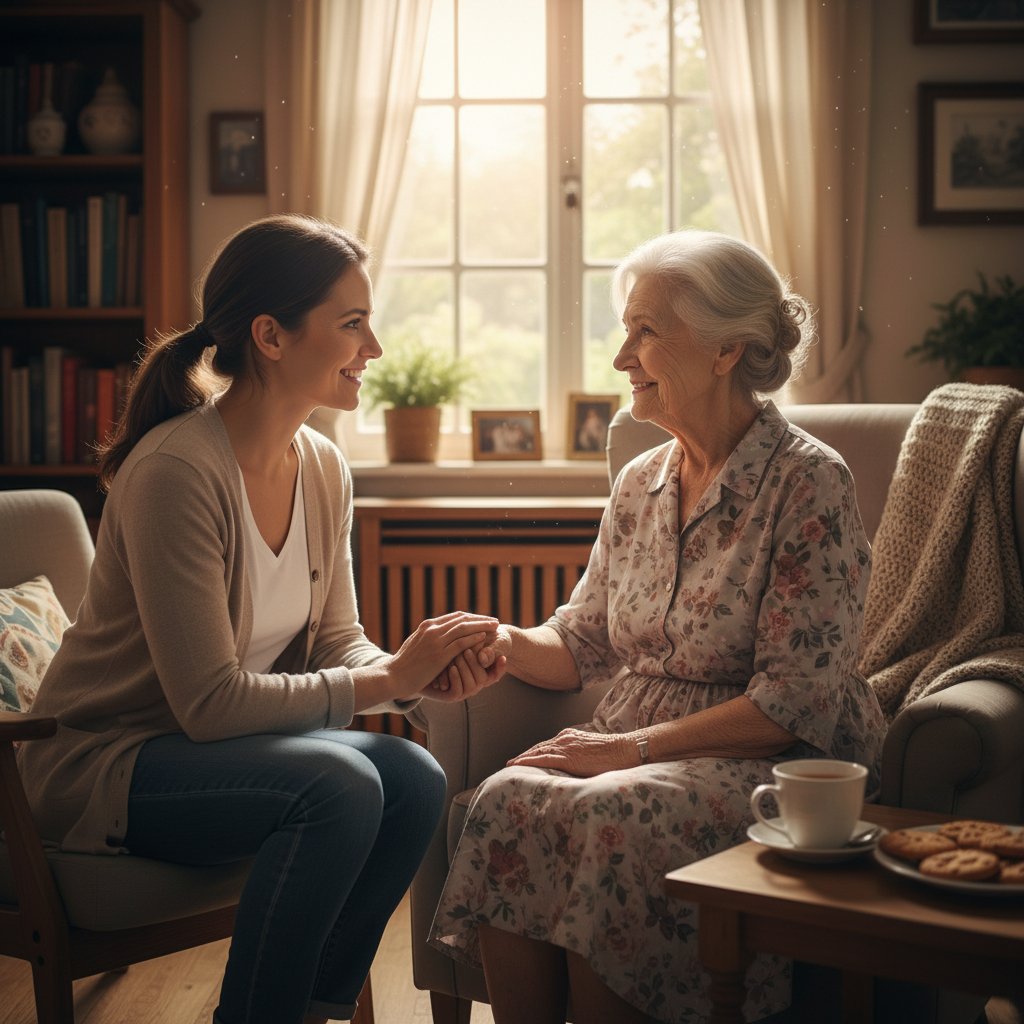 Wolontariusz rozmawiający z seniorką podczas domowej wizyty, atmosfera wsparcia
