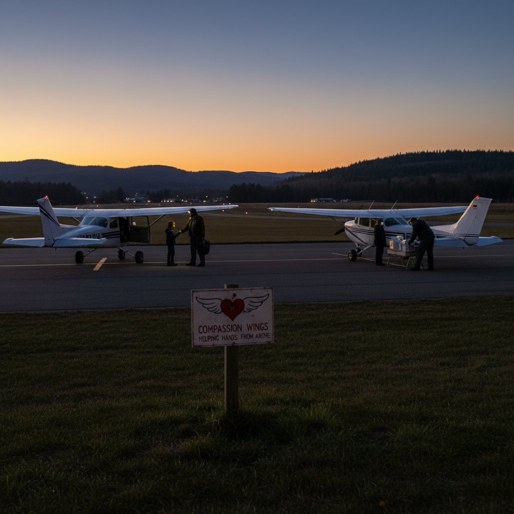 Volunteer pilots preparing a small aircraft for a compassion flight at dusk with a tense atmosphere