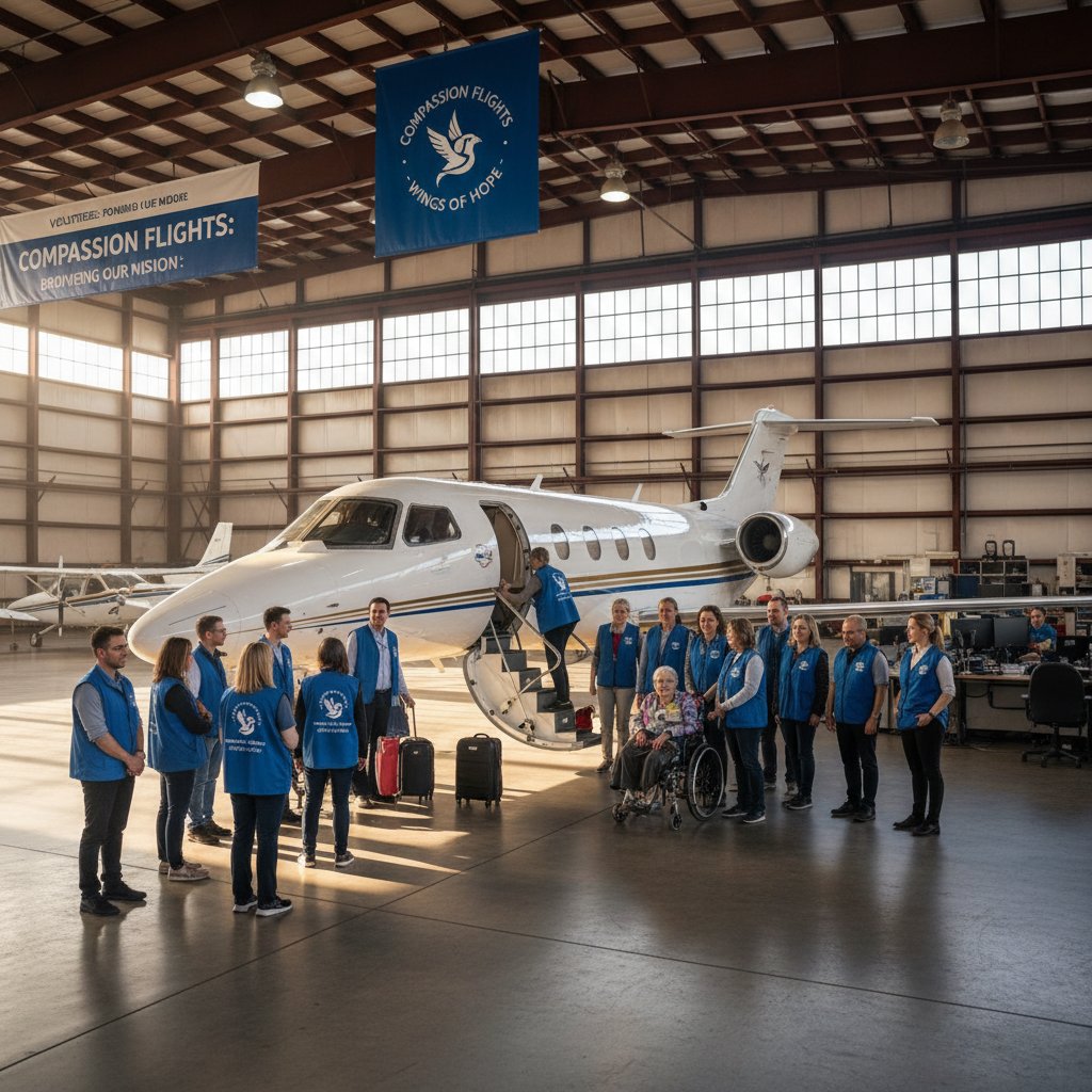 Diverse group of compassion flight volunteers sharing coffee in an aircraft hangar with a hopeful mood