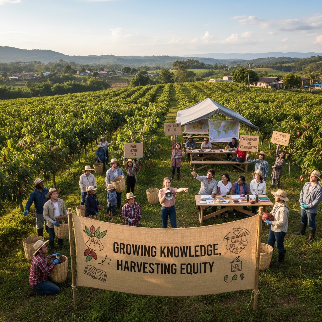 Wolontariusze i aktywiści na plantacji kakao, działania społeczne, edukacja