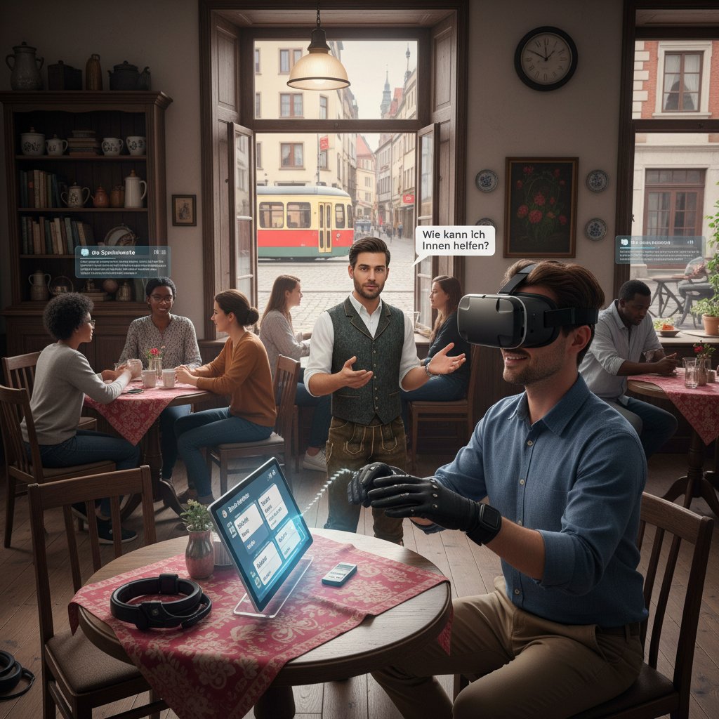 Użytkownik z okularami VR ćwiczący niemiecki w wirtualnej kawiarni