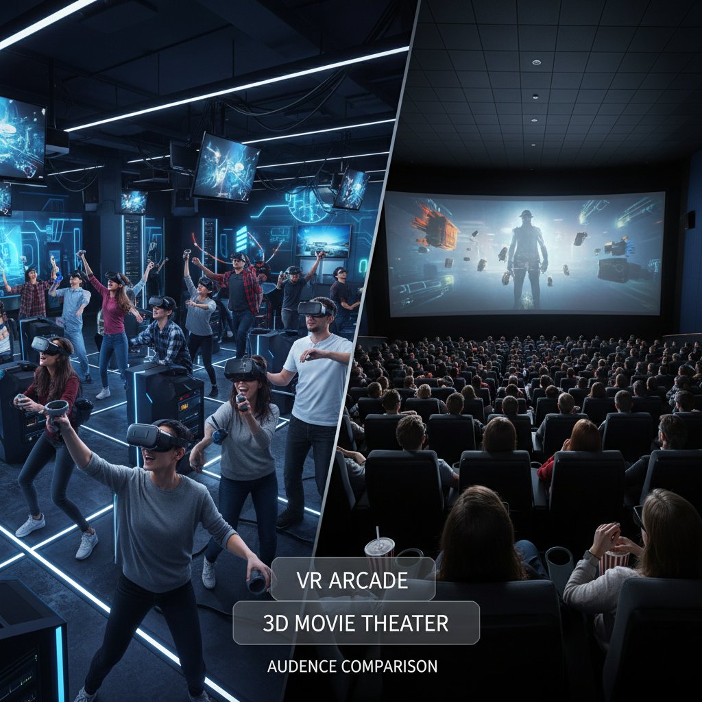 VR arcade contrasted with lively 3D cinema