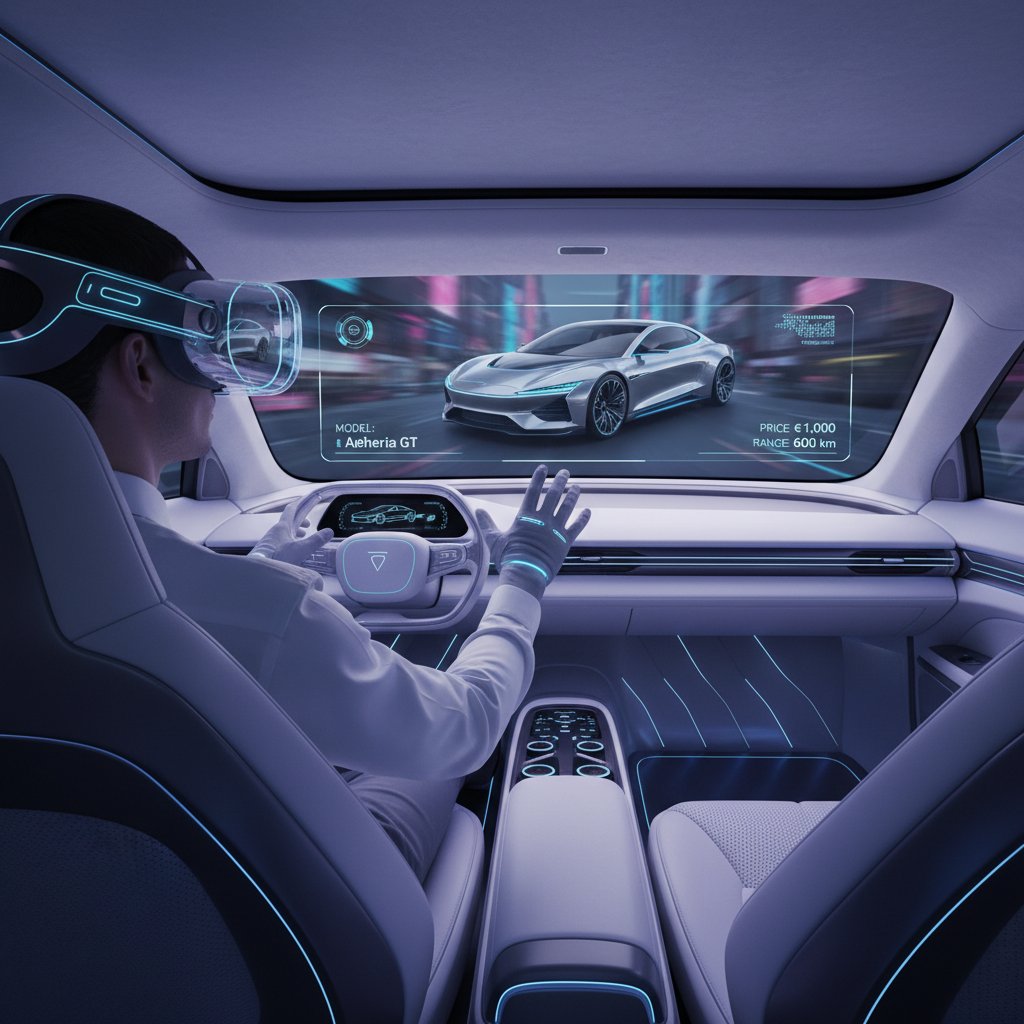 Dynamic futuristic photo of a user wearing a VR headset exploring a car interior from home, virtual car buying innovation