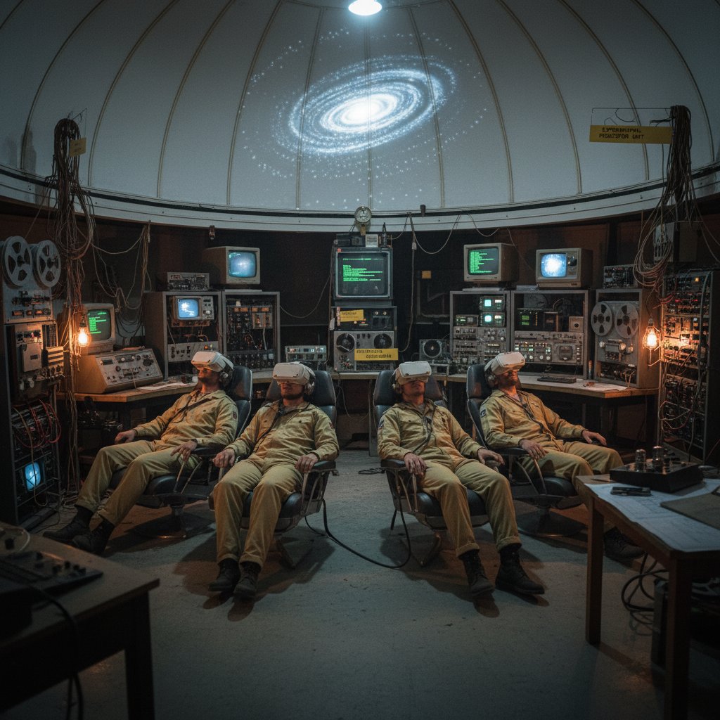 Archive photo of early VR cinema pioneers experimenting in a 1960s tech lab, moody lighting