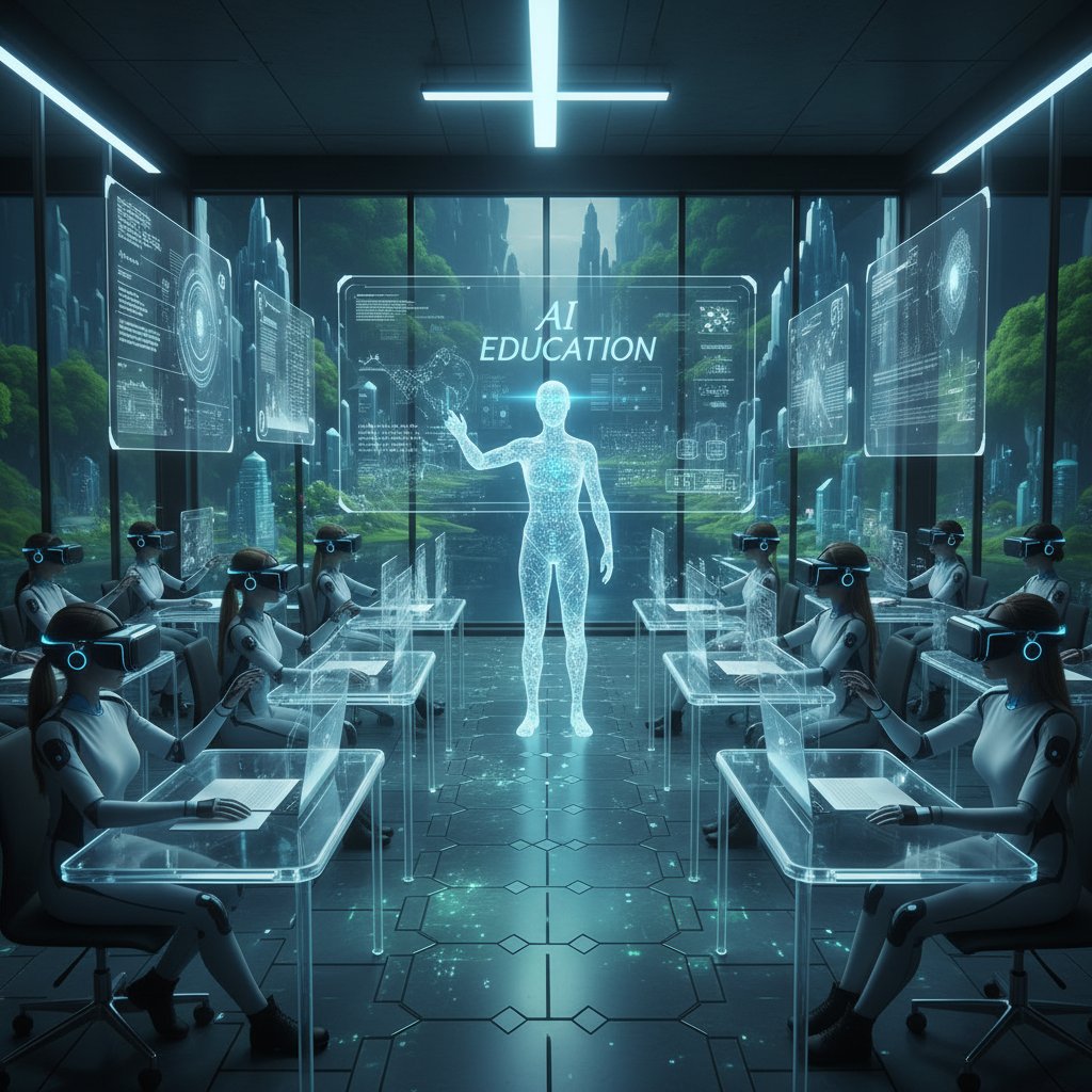 Szkoła przyszłości – uczniowie w goglach VR pracujący z symulatorem AI, nowoczesna klasa, nauczyciel asystujący