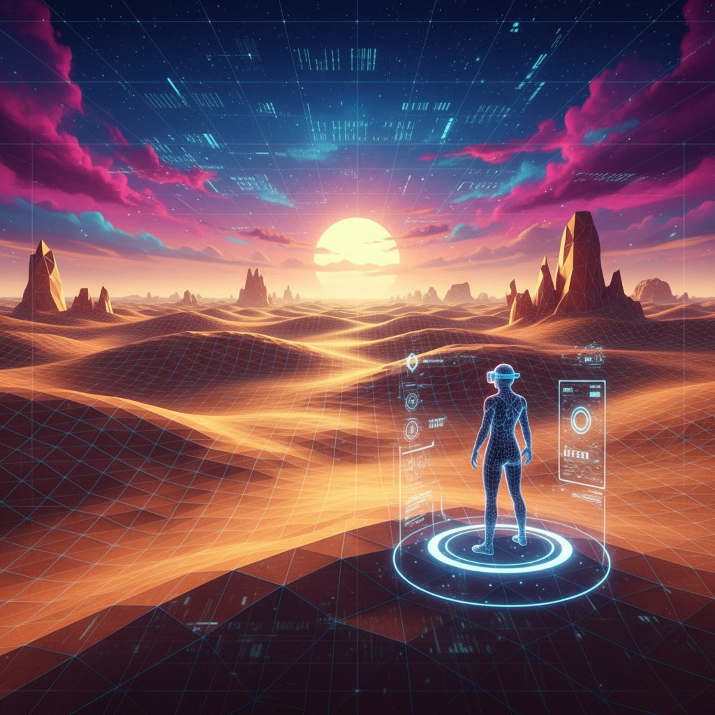 Surreal VR desert landscape, user immersed in digital dunes, showcasing tech innovation in desert movies