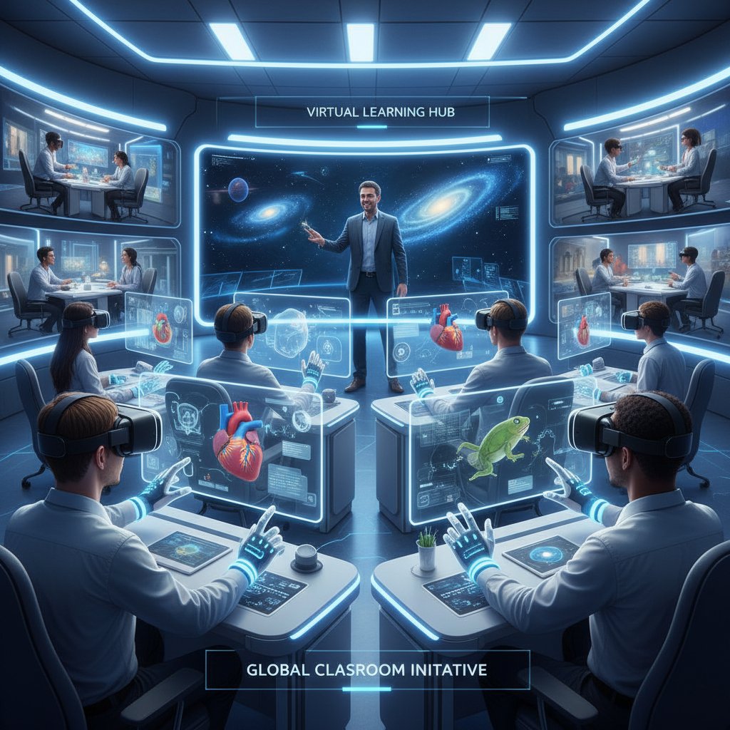 Zajęcia VR w edukacji, uczniowie w goglach, nowoczesna sala do nauki online