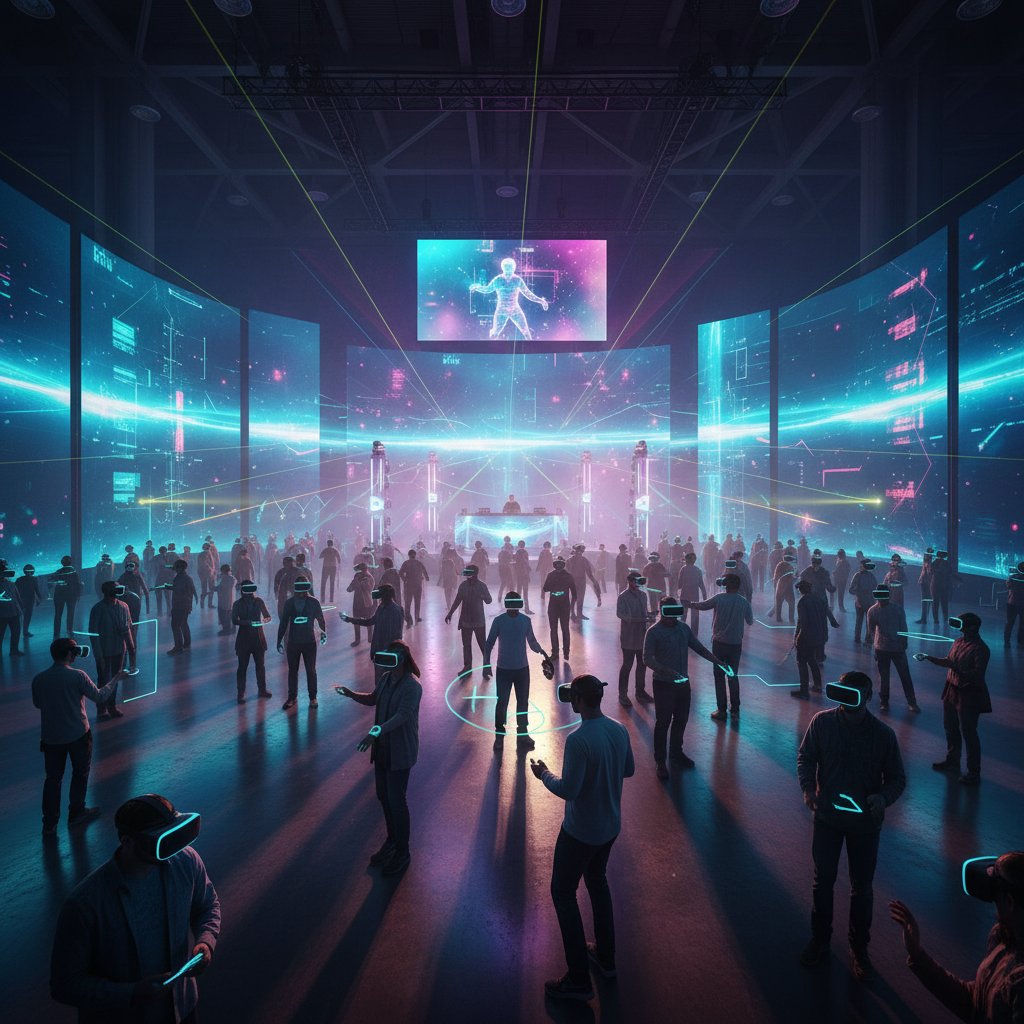 Widok dynamicznej sceny eventowej: światła, tłum w interakcji z projekcjami VR, atmosfera innowacji