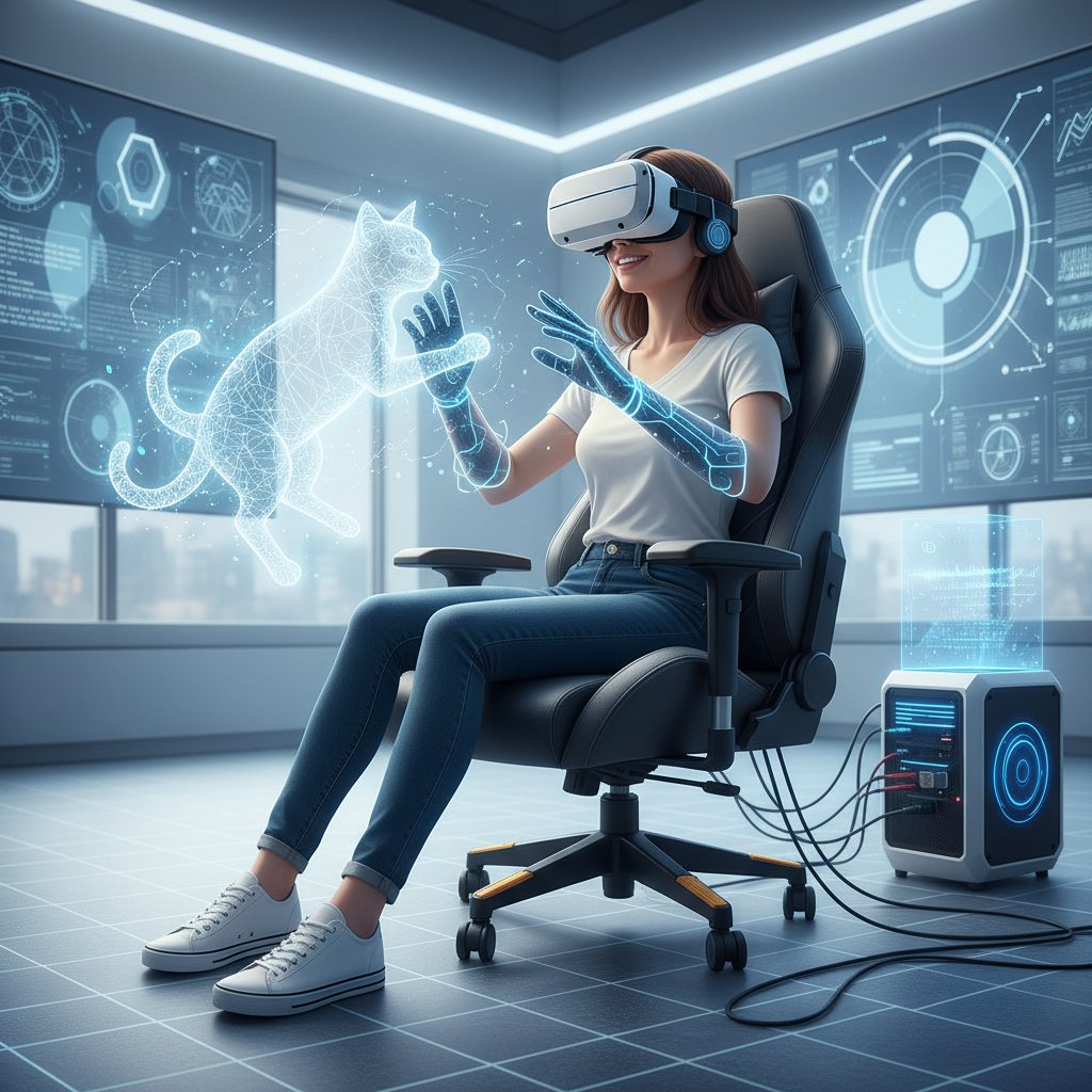 Dziewczyna w goglach VR bawiąca się z wirtualnym kotem, zaawansowana grafika i interaktywność