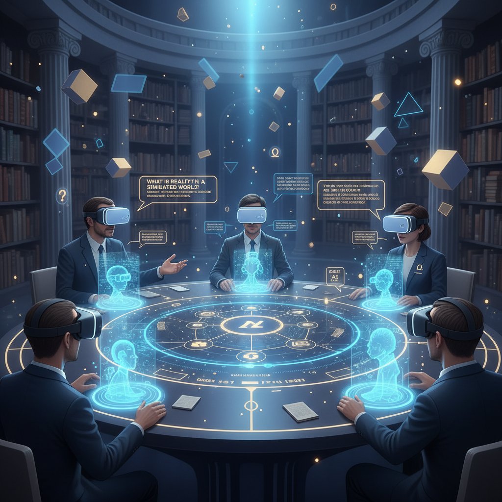 Osoba w goglach VR rozmawiająca z AI podczas filozoficznego spotkania