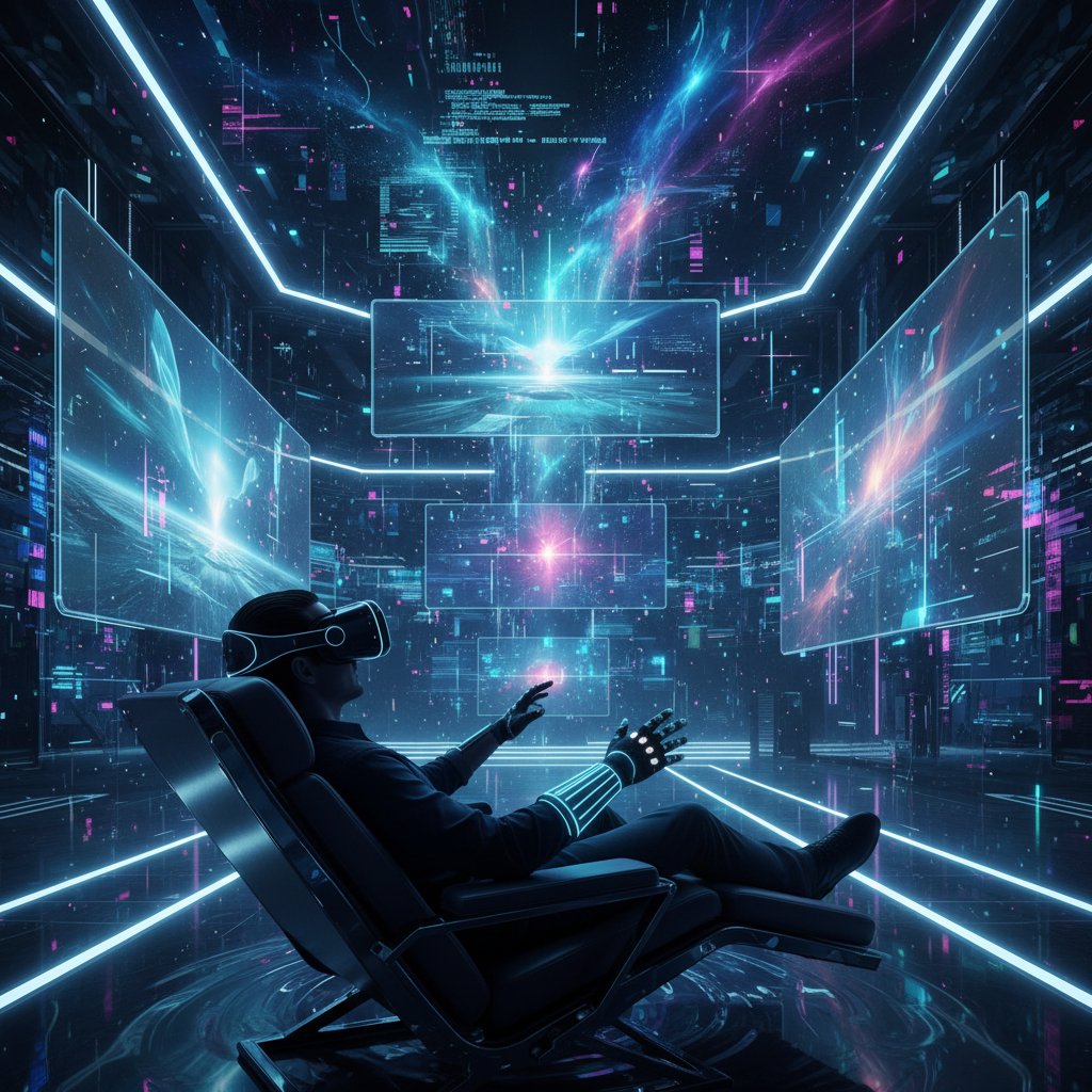 Viewer with VR headset dissolving into a digital dreamscape, future transcendence cinema