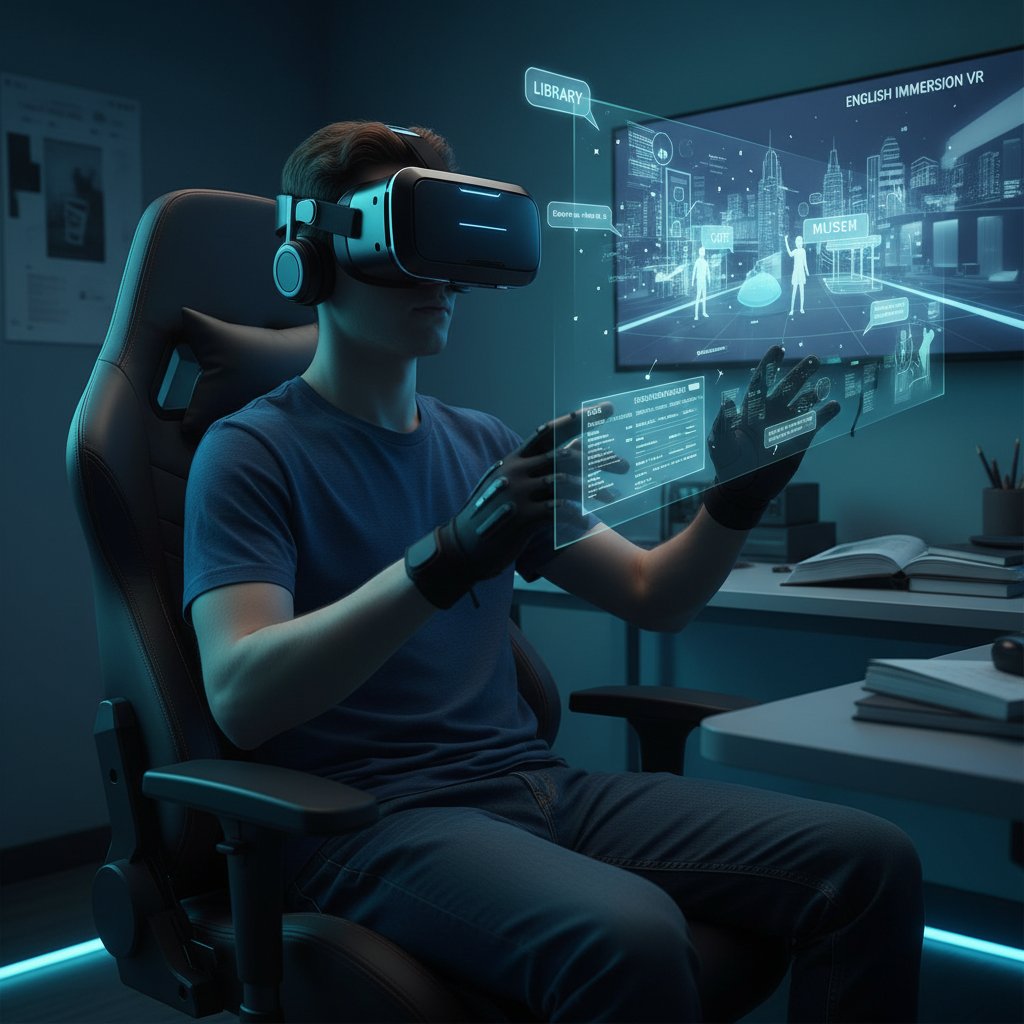 Student zakładający okulary VR podczas nauki angielskiego, immersyjne środowisko