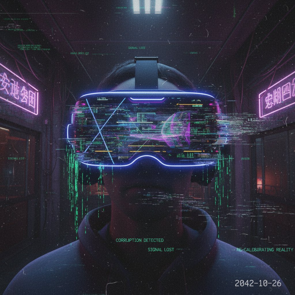 POV shot in VR headset with glitch effects and eerie overlays, futuristic found footage horror