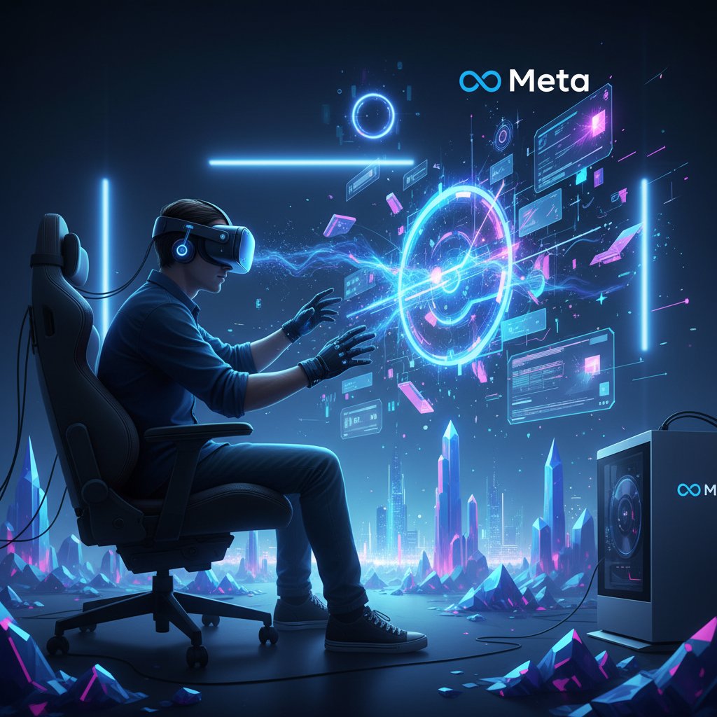 Osoba w okularach VR, zanurzona w wirtualnym świecie, z dominującym logo Meta