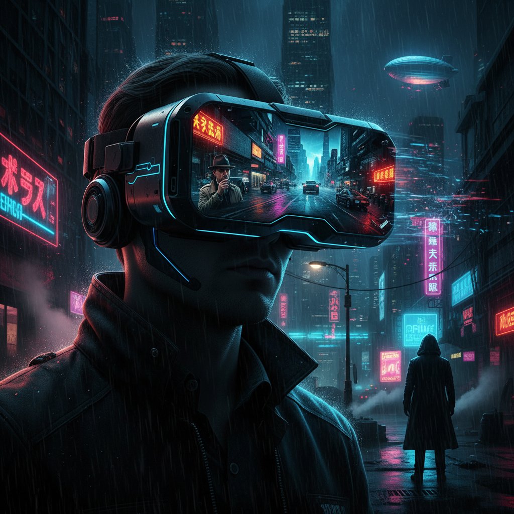 Person wearing VR headset surrounded by shifting movie scenes, evoking immersive tech and movie perspective cinema