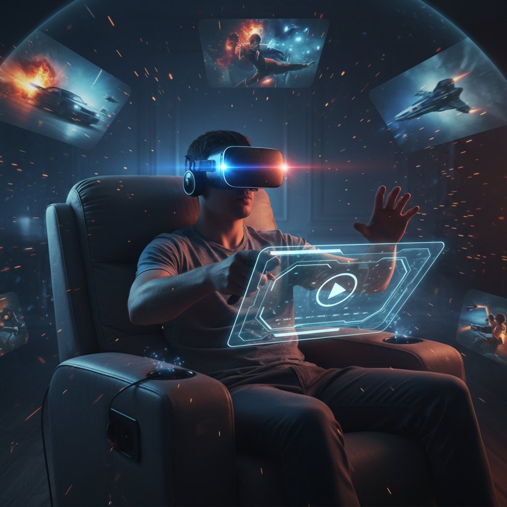 Immersive action film experience with VR headset; Alt: Watching action movie in virtual reality for immersive action cinema