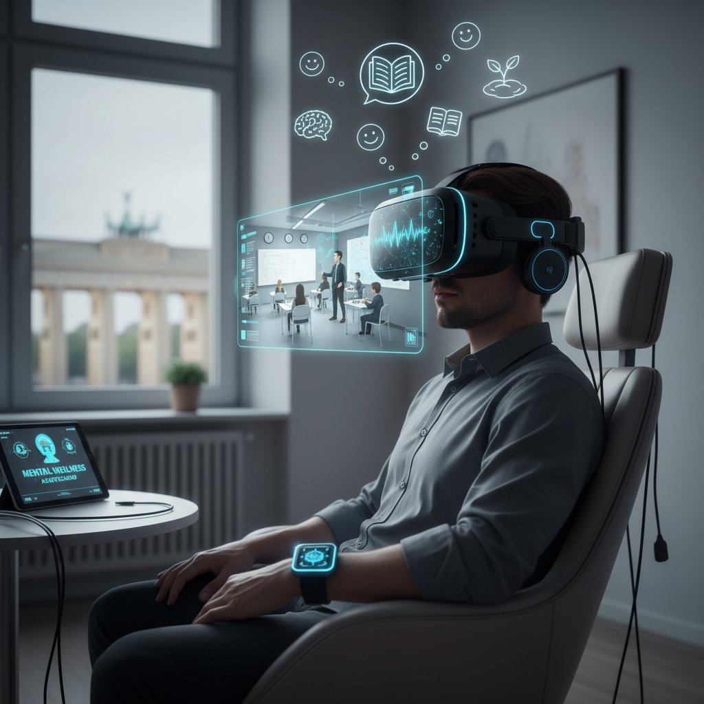 Mensch mit VR-Headset und Wearable, digitale Lernlandschaft, symbolische Verbindung von Technik und Psyche