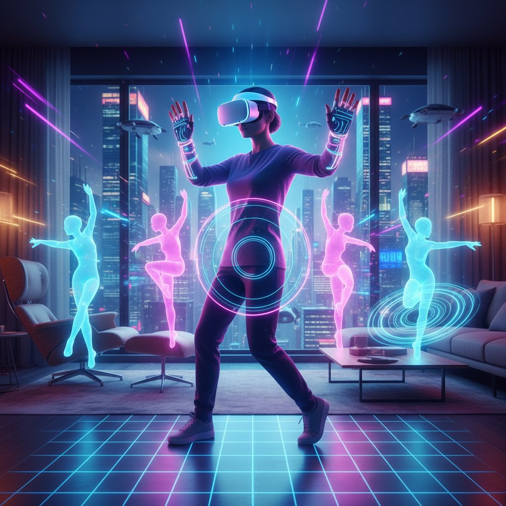 VR headset user immersed in holographic dance scene, futuristic, vibrant, movie dance sequences
