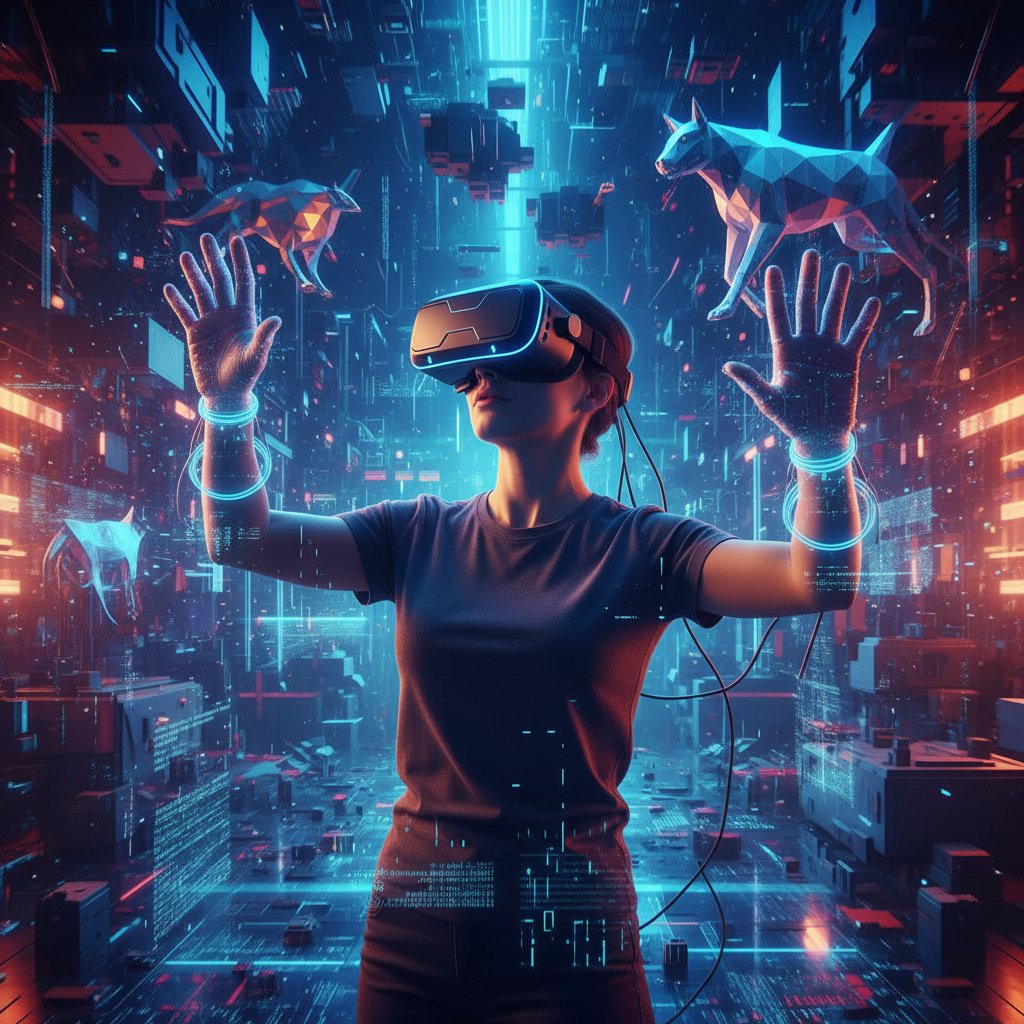 A person wearing a VR headset, arms outstretched, immersed in a visually stunning high frame rate digital world