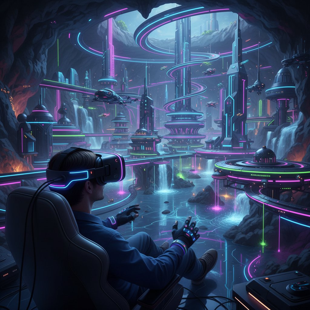 Viewer using VR to experience an underground city movie, futuristic neon accents and headset