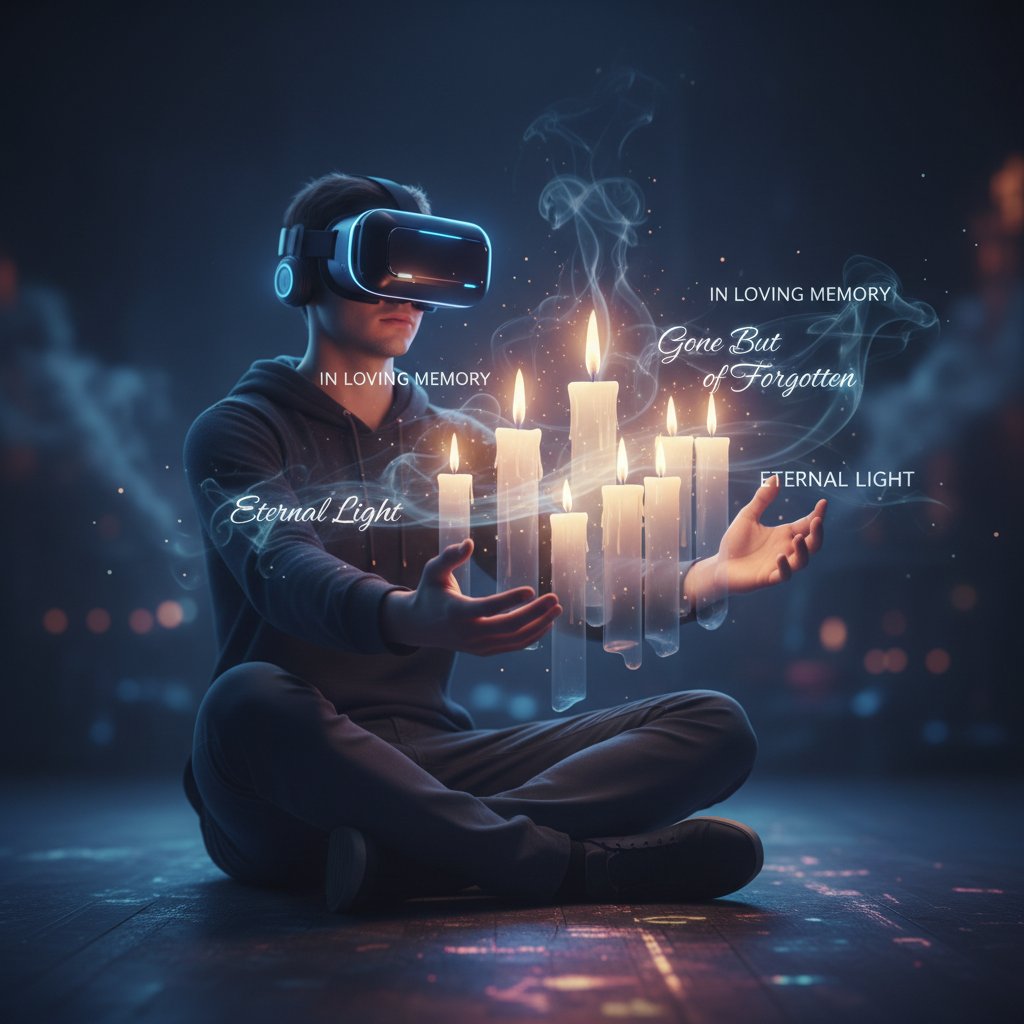 Futuristic VR headset wearer standing in a field of virtual candles, ethereal lighting, reflective mood, digital memorial quotes