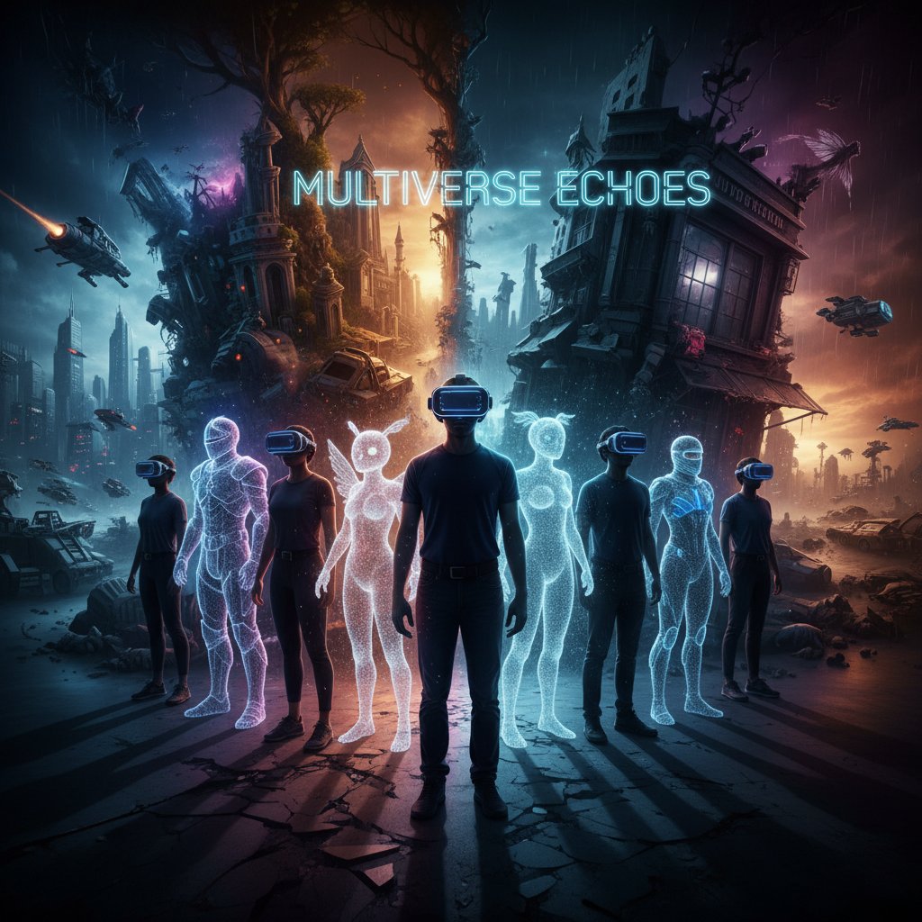 Moviegoers wearing VR headsets, digital avatars flickering between worlds, showcasing future of parallel universe movies