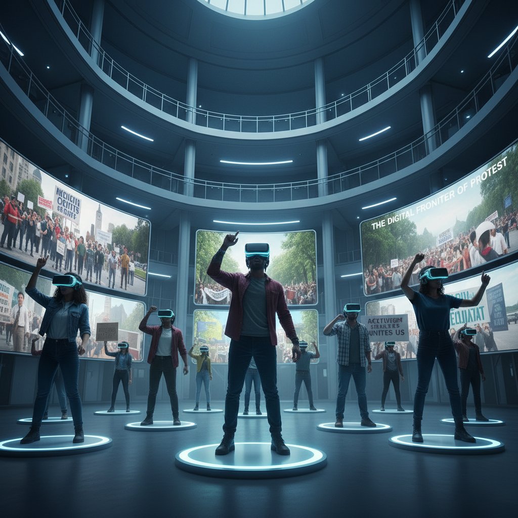 Futuristic photo of viewers wearing VR headsets in a protest simulation, immersive activism movies