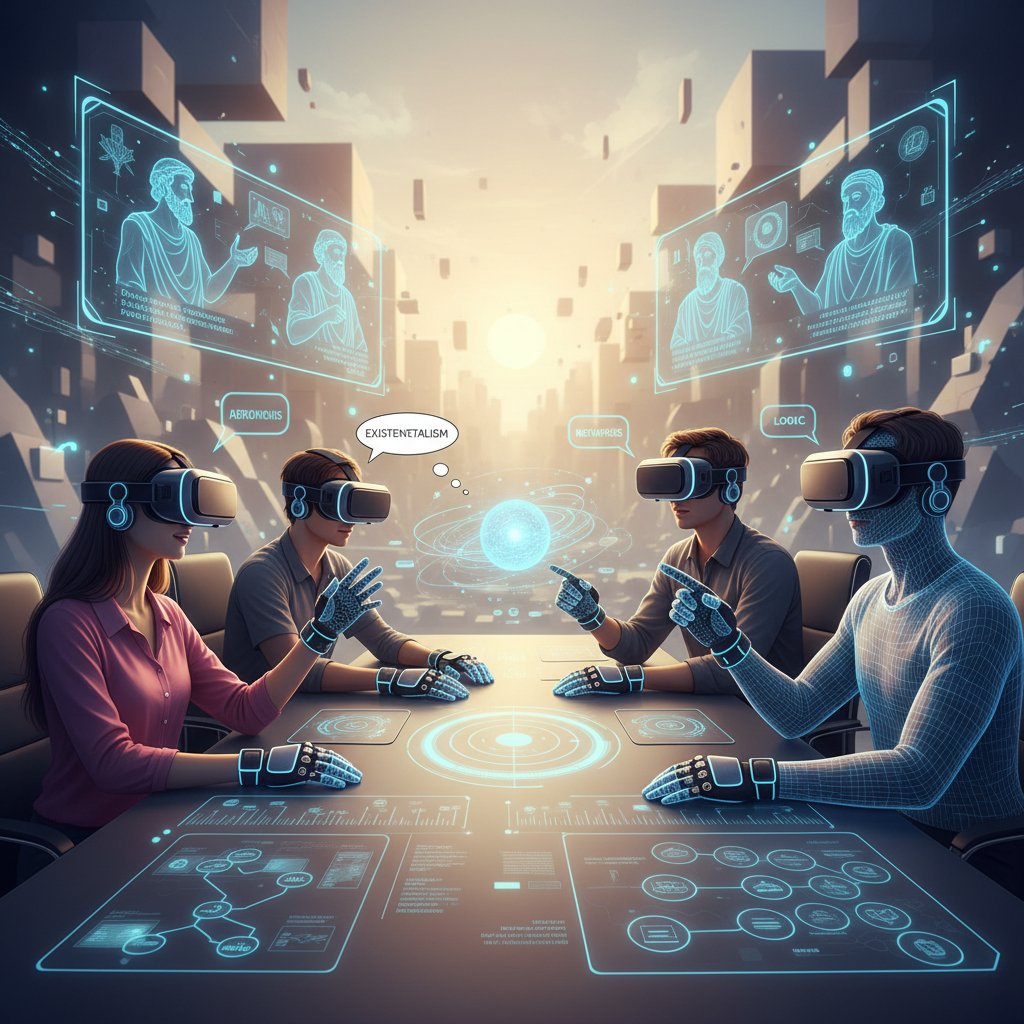 Osoba w goglach VR podczas filozoficznej dyskusji z grupą wirtualnych uczestników