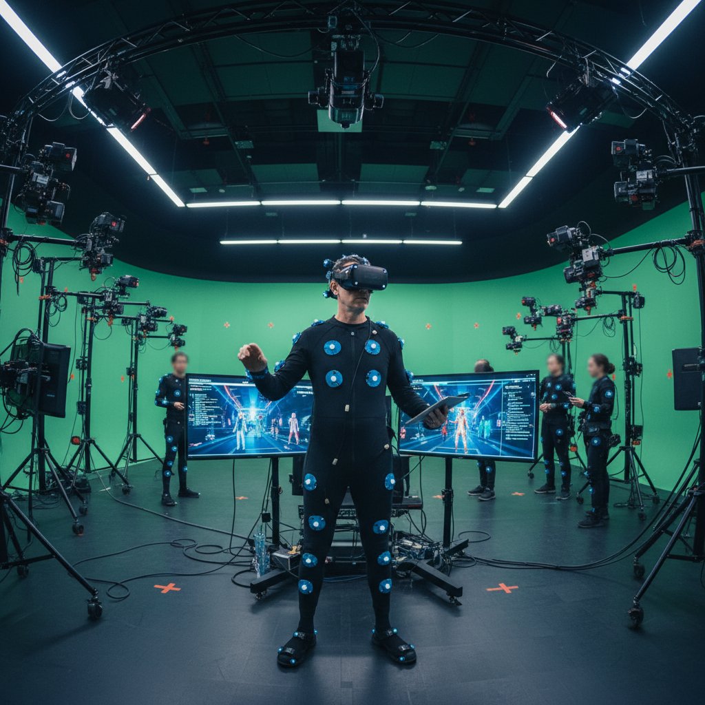Documentary-style image: VR movie director and actors in a motion capture studio, focused