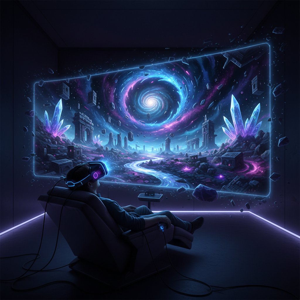 Edgy photo of a VR movie viewer immersed in a surreal virtual world, dark room, neon light