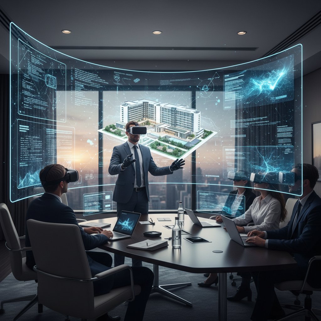 Prelegent korzystający z zestawu VR podczas prezentacji w sali hotelowej, uczestnicy w maseczkach, ekrany z AI