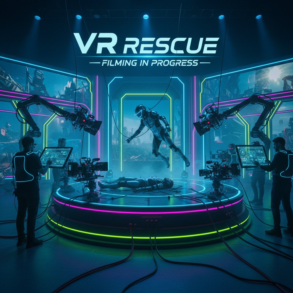 Futuristic VR rescue movie filming, virtual reality simulation in progress, neon lighting, rescue movie future