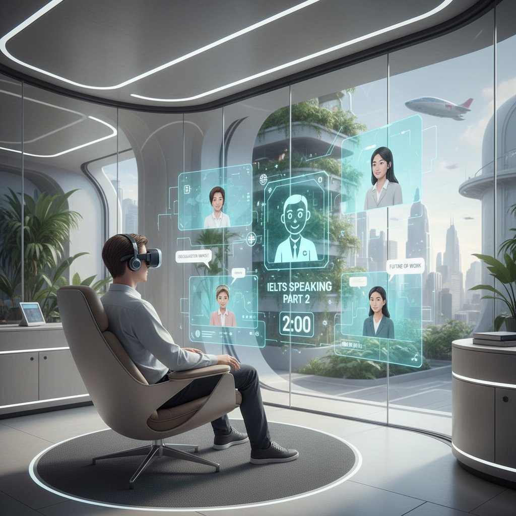 Student w okularach VR ćwiczący speaking IELTS w wirtualnej sali egzaminacyjnej, dynamiczne światło i nowoczesny design