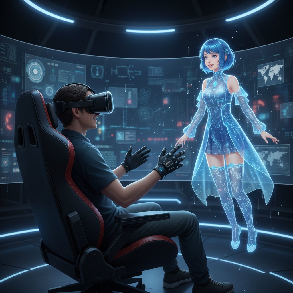 Użytkowniczka w goglach VR rozmawiająca z awatarem wirtualnego przyjaciela