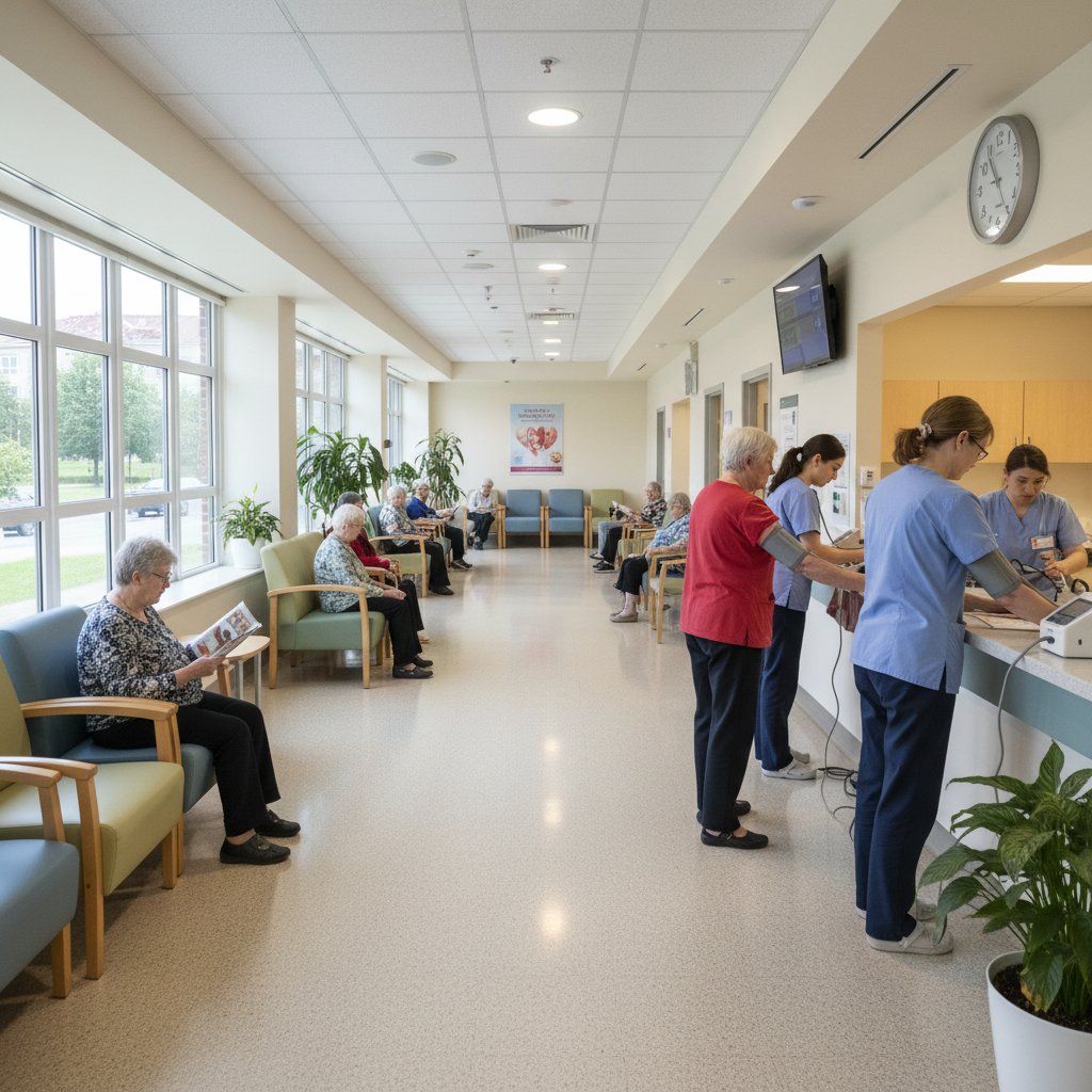 Sala poczekalni w przychodni, starsi pacjenci czekający na pomiar ciśnienia