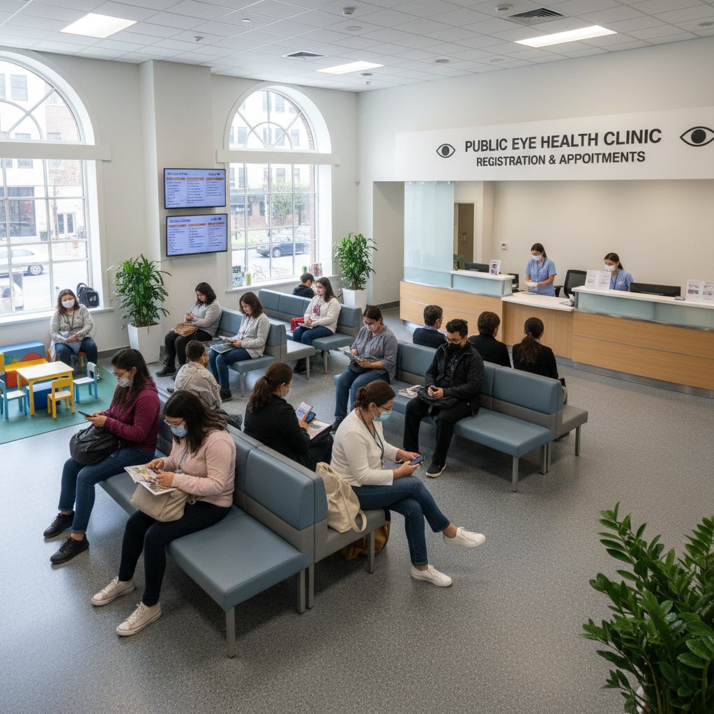 Czekający pacjenci w poczekalni publicznej przychodni okulistycznej