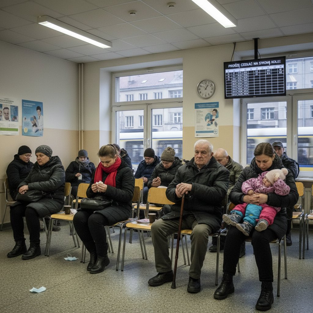Ludzie znużeni oczekiwaniem na wizytę u psychologa w zatłoczonej poczekalni w Polsce