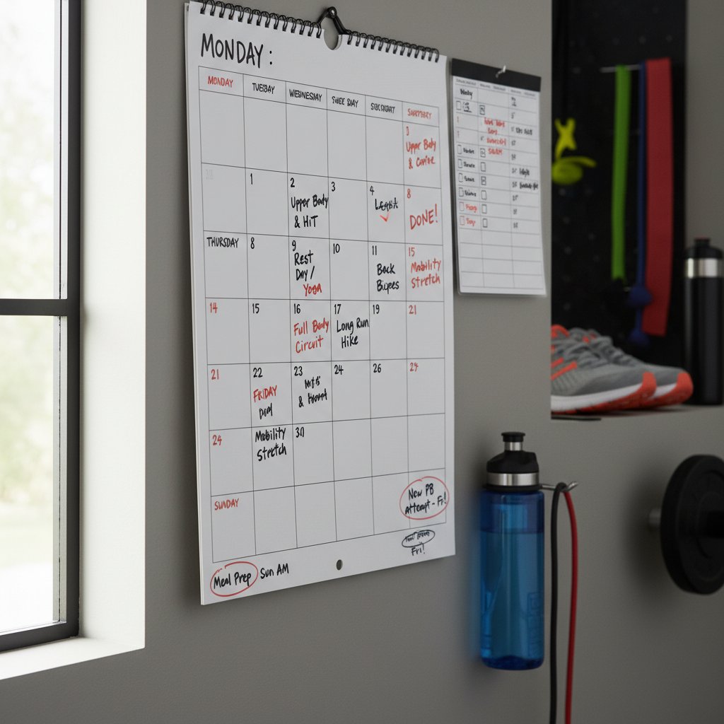 Kalendarz z rozpisanym planem treningowym na ścianie, organizacja samodzielnych ćwiczeń